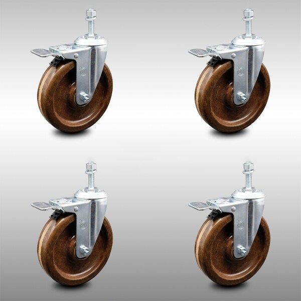 Service Caster 5 Inch SS High Temp Phenolic 3/8 Inch Threaded Stem Caster Set Total Lock Brake SCC-SSTSTTL20S514-PHSHT-381615-4 - main